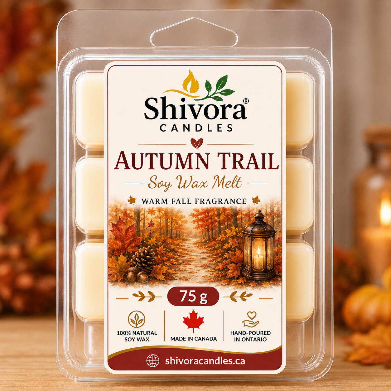 Autumn Trail Soy Wax Melt 75 g hand-poured in Canada with peach, maple leaf, cinnamon, clove and tonka bean fragrance